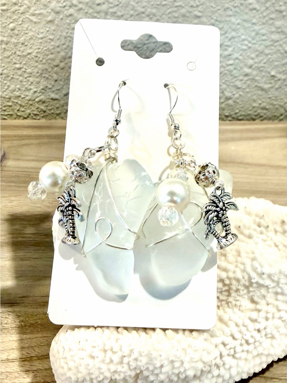 34. Sea Glass Palm Tree Dangle Earrings - Silver Accents, White Pearls